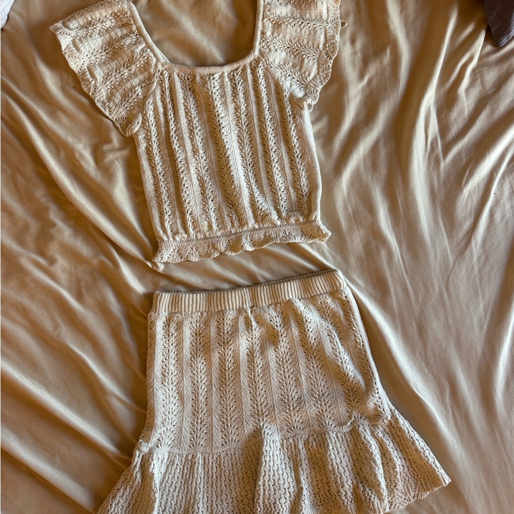 Cream Crochet Top and Skirt Set